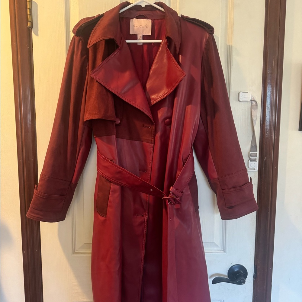 Women's Burgundy Leather Trench Coat with Belt